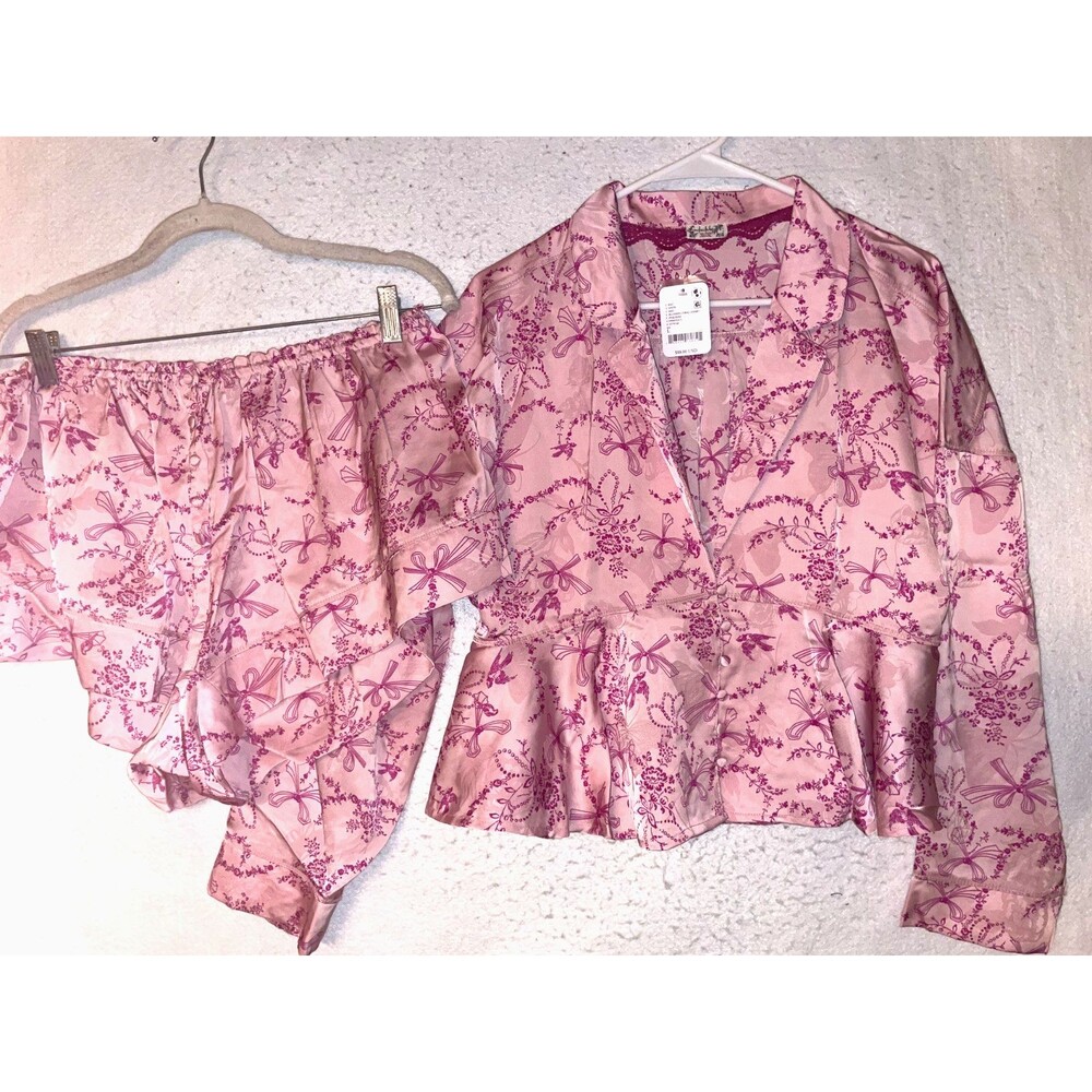 Free People Combo Beauty Sleep Pajama Set Womens M L Floral Bows Satin Pink NWT